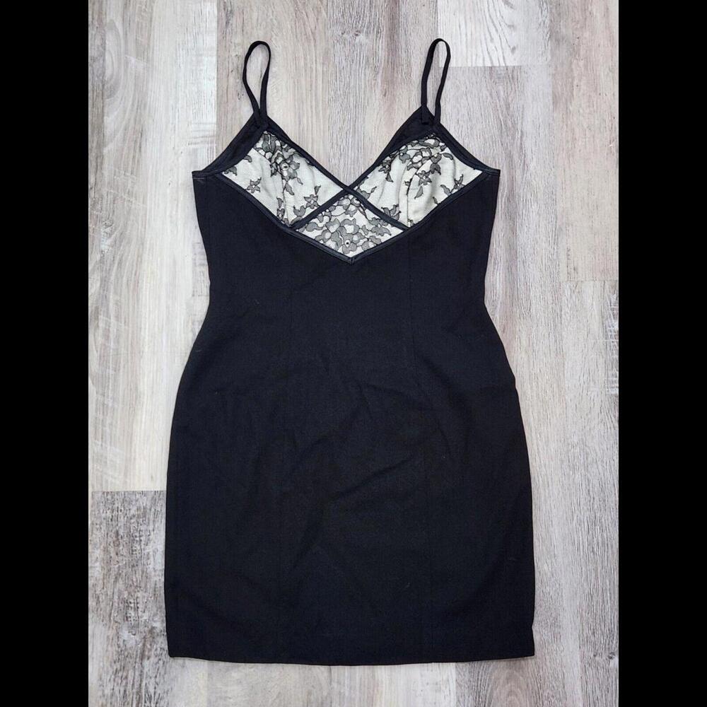 Vintage Y2k Babydoll Dress Kenar 8 Petite Black Lingerie Body Con V Neck Stretch